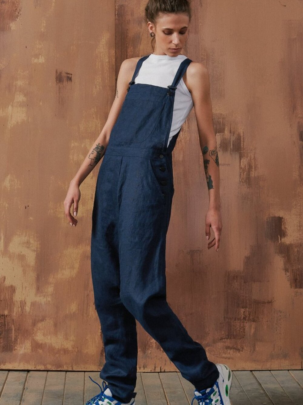 Aakasha Navy Linen Drop Crotch Overall 100% Linen Overalls Jumpsuit Size 3X